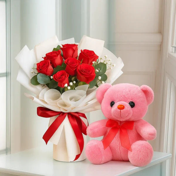 8 Red Roses & Pink Teddy (24 cm)