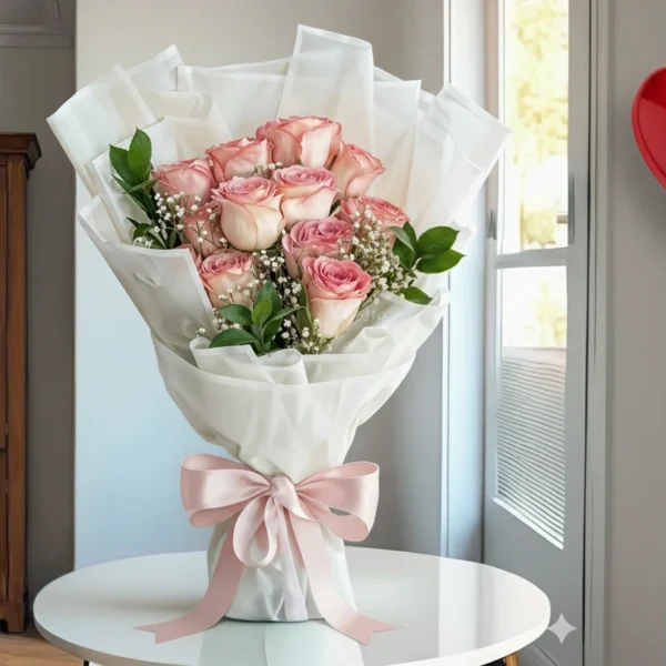 8 Pink Roses & 2 Helium Heart Balloons