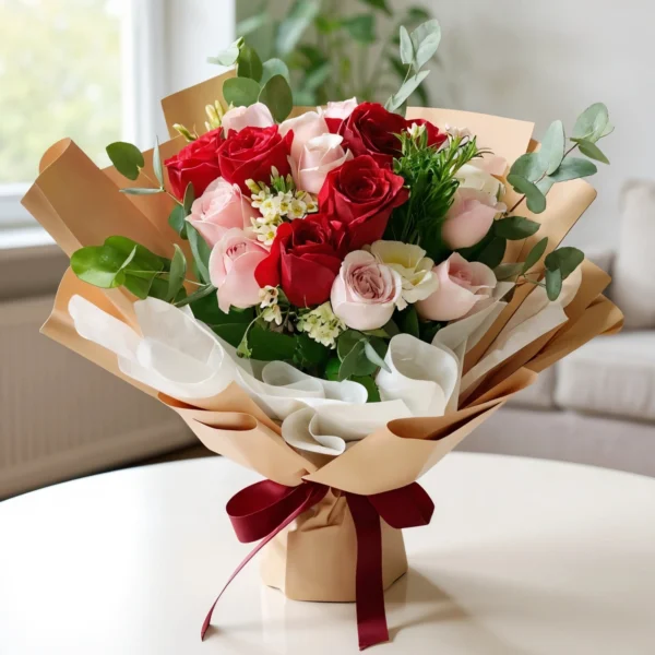 Bouquet of Pink Roses and Red Roses